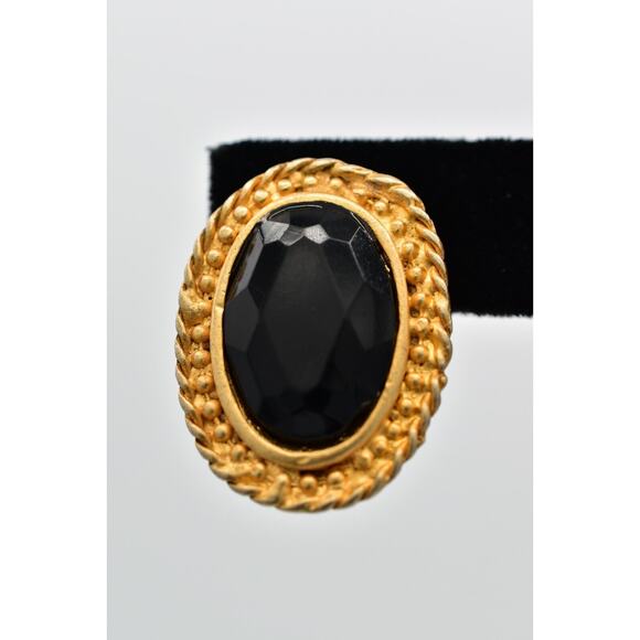 Vintage Crystal Clip On Earrings Black Oval Brushed Gold Matte Retro 1980s BinAI - Picture 6 of 12